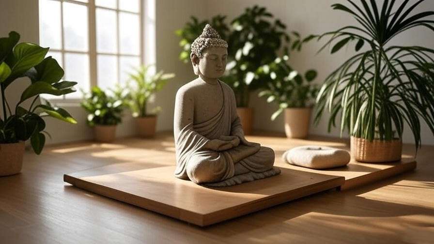 Serene stone meditating Buddha statue in a minimalist meditation room with plants and natural light.