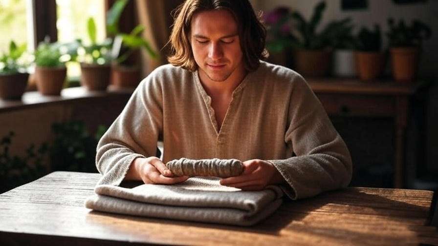 Person smudging a meditation shawl with sage on a wooden table with plants