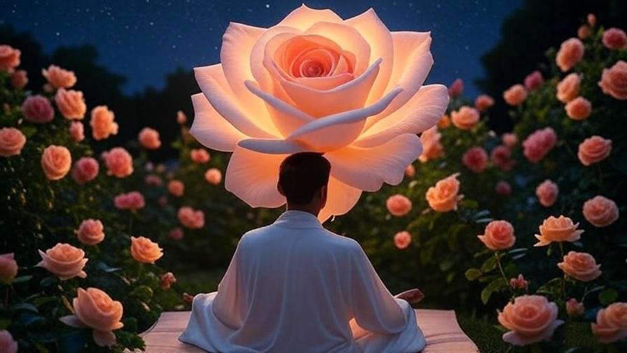 Person meditating in a glowing rose garden for nightly routine.
