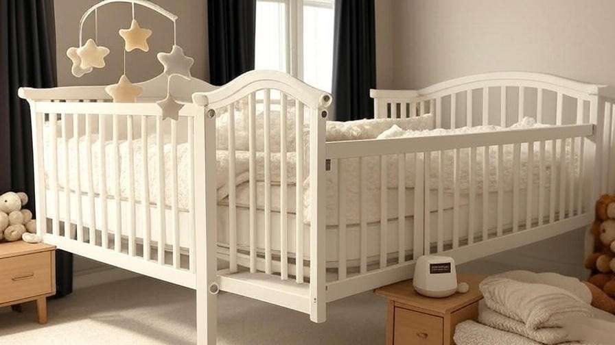 Cozy baby nursery with blackout curtains, white crib, and white noise machine, creating a serene sleep-friendly environment for infants.
