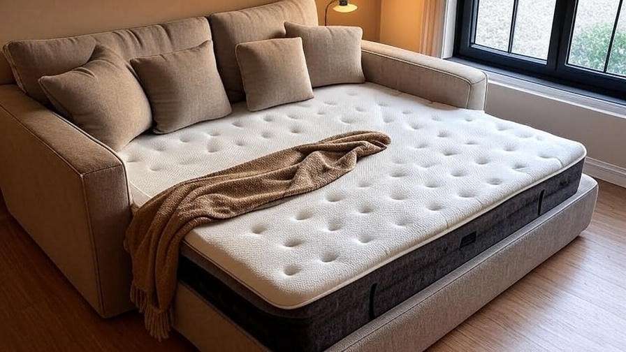 Cozy La-Z-Boy Premier Supreme Comfort Sleep Sofa converted into a bed with memory foam mattress in a modern living room.