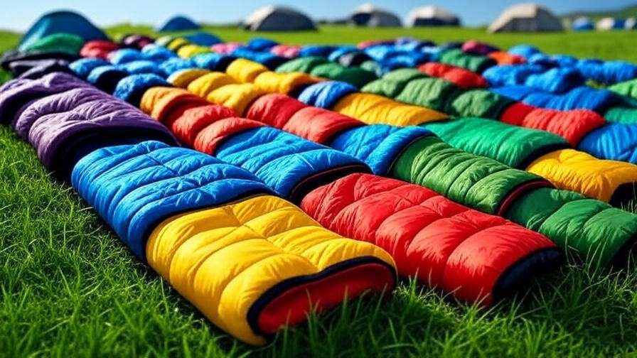Different sleeping bag coat models displayed on grass near a campsite.