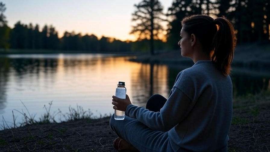 Person meditating by a lake at dusk with a water bottle in a natural setting.