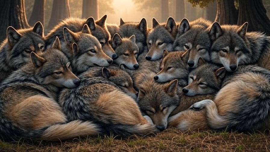 Illustration of wolf pack sleeping closely for warmth, illustrating dog pack behavior and pet sleep instincts.
