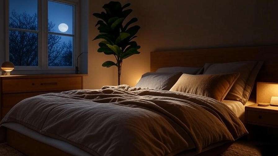 A minimalist bedroom with dim lighting and natural elements, designed as a safe sleep sanctuary.