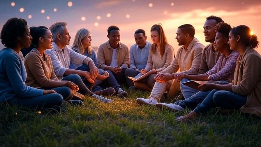 Diverse group sharing stories in a dream-inspired community with abstract background. 