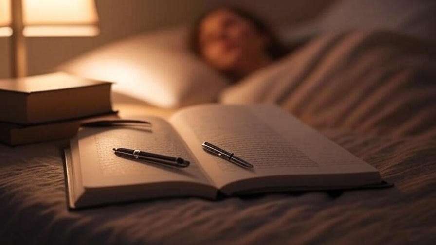 Bedside table with sleep journal, pen, and book next to sleeping person.
