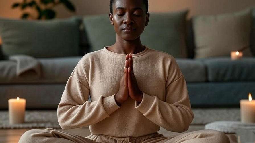 Person practicing loving-kindness meditation with candlelight and plant.