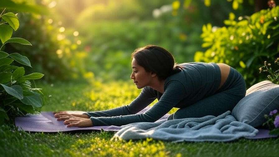Person in Supported Bridge yoga pose with blanket in a lush garden for physical health.