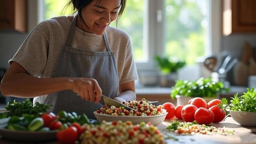 Person preparing a mindful quinoa salad with fresh garden vegetables.