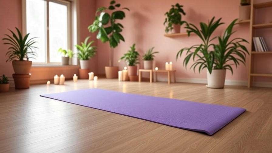 Cozy meditation and yoga space with a yoga mat, candles, and plants on a wooden floor.