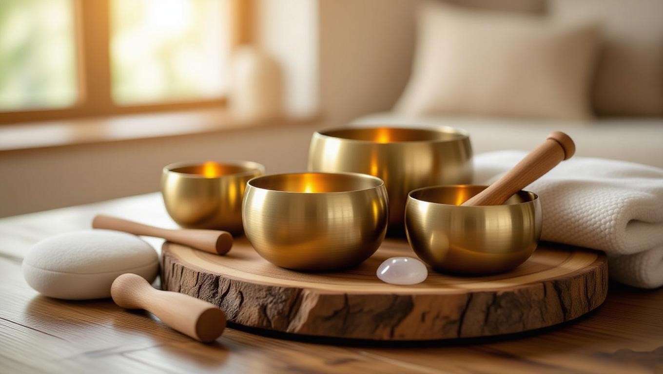 Close-up of a meditation bowl set with metal and crystal bowls, mallets, and cushions on a wooden surface.