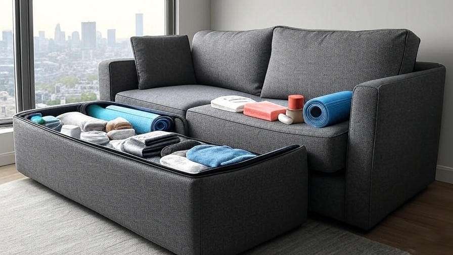 Coddle Aria Fabric Sleeper Sofa with Chaise optimizing space in small apartment with hidden storage.
