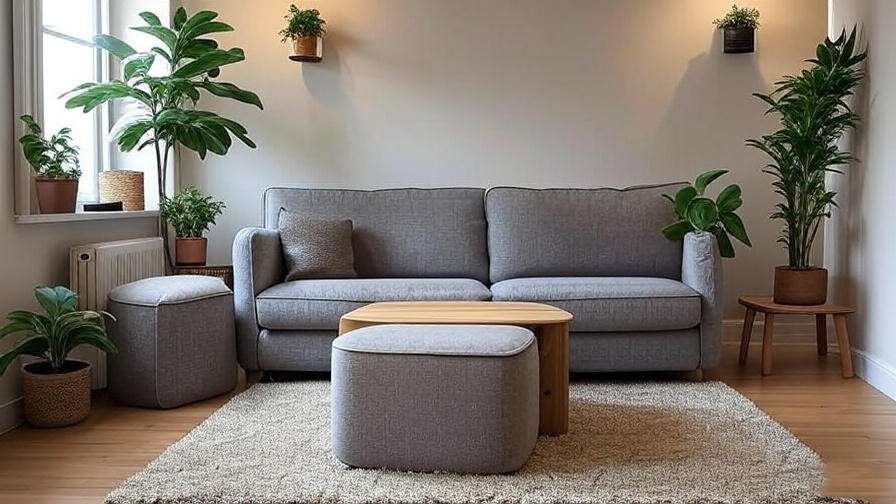 Cozy small-space layout with queen sleeper sofa and modular furniture.