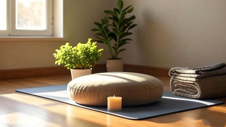 Cozy meditation corner with a Zafuko Meditation Cushion on a yoga mat, surrounded by a candle and plant for a serene setup.

