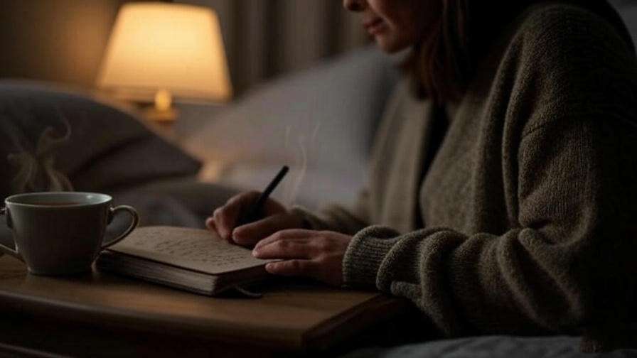 Person writing in gratitude journal with tea and lamp, fostering blessed sleep with Allah.