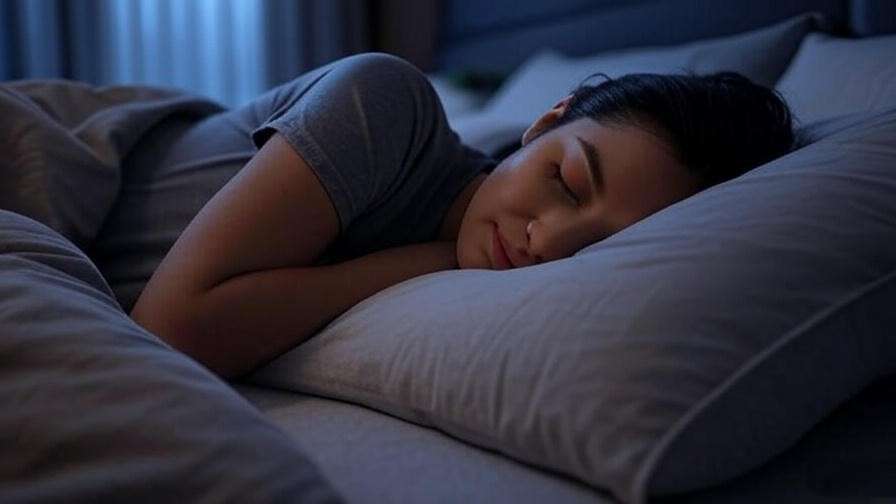 Person sleeping peacefully with a side sleeper pillow with arm hole in a tranquil bedroom.