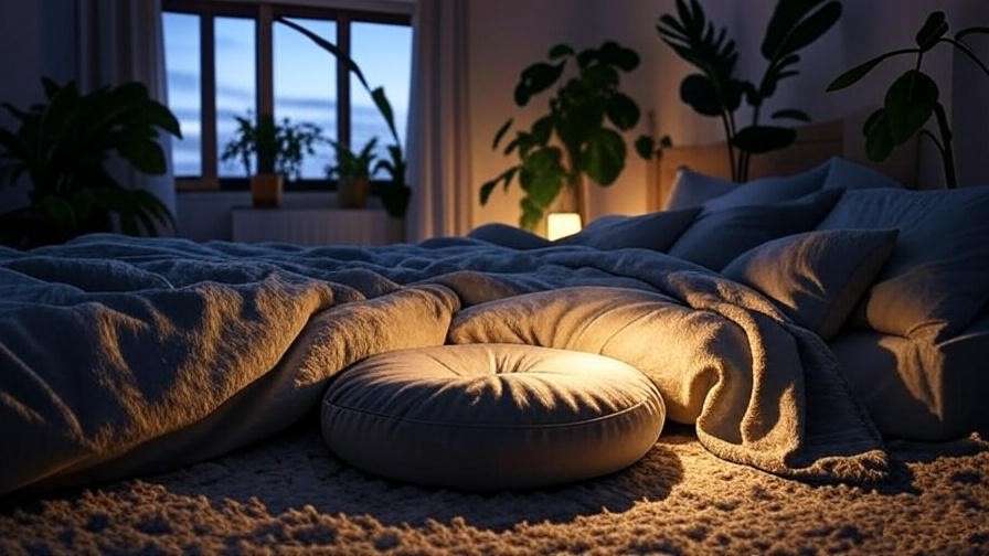 Cozy bedroom with meditation cushion for TM sleep routine.
