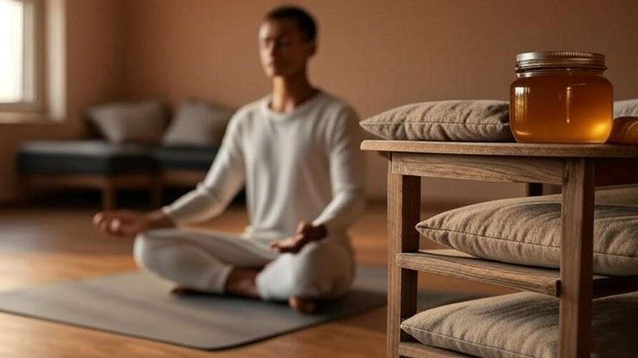 Person meditating with raw honey jar for relaxation and sleep.