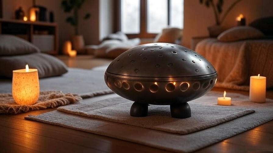Cozy indoor meditation setup with steel tongue drum, candles, and diffuser.