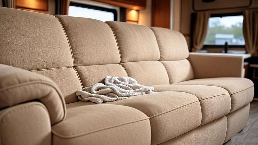 RV sleeper sofa with microfiber upholstery being cleaned.