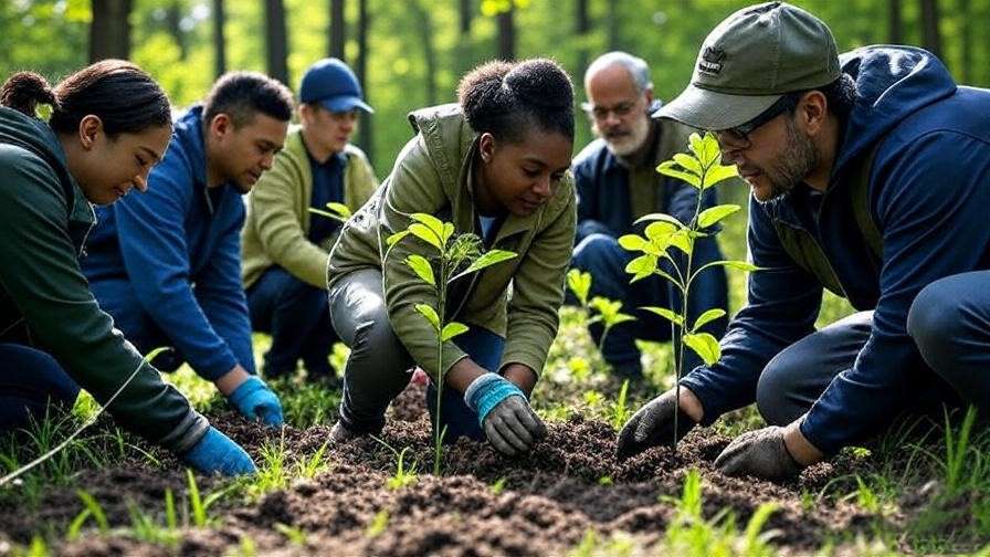 Volunteers and IMS staff planting trees in forest