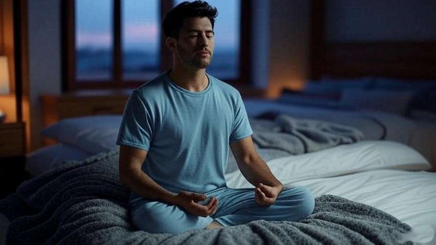 Man meditating in a sleep t-shirt for men in a peaceful bedroom setting.