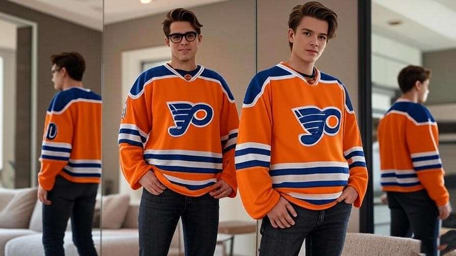 Stylish person in Happy Gilmore jersey with jeans, posing in modern living space, showcasing versatile styling.