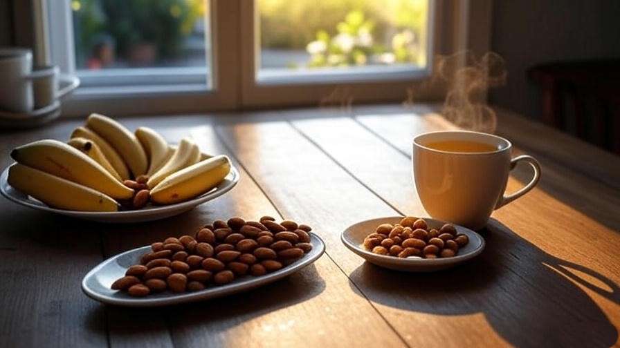 Wooden table with bananas, almonds, and chamomile tea for a sleep-friendly evening.