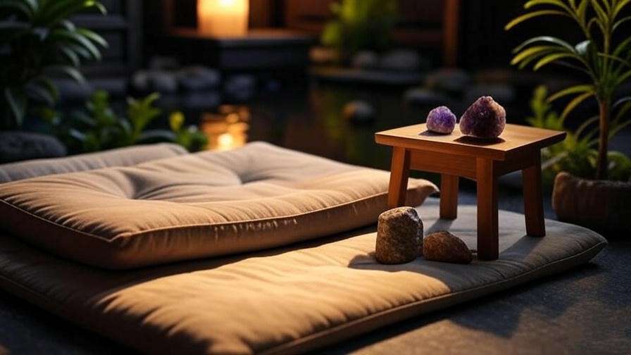 Calm meditation space with meditation rocks, candle, and plants for better sleep.