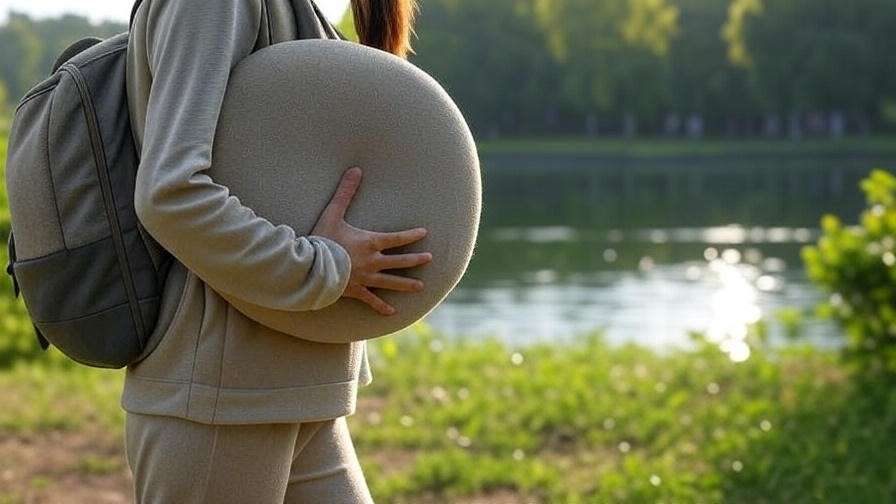 Person carrying a Zafuko Meditation Cushion in a park, highlighting its portability for travel and outdoor meditation.

