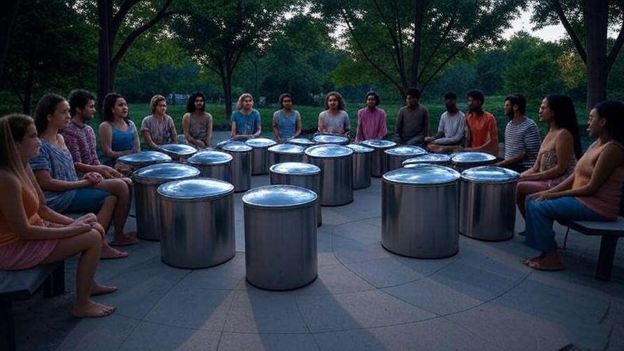 Group sound bath session with steel tongue drums in outdoor pavilion at dusk.