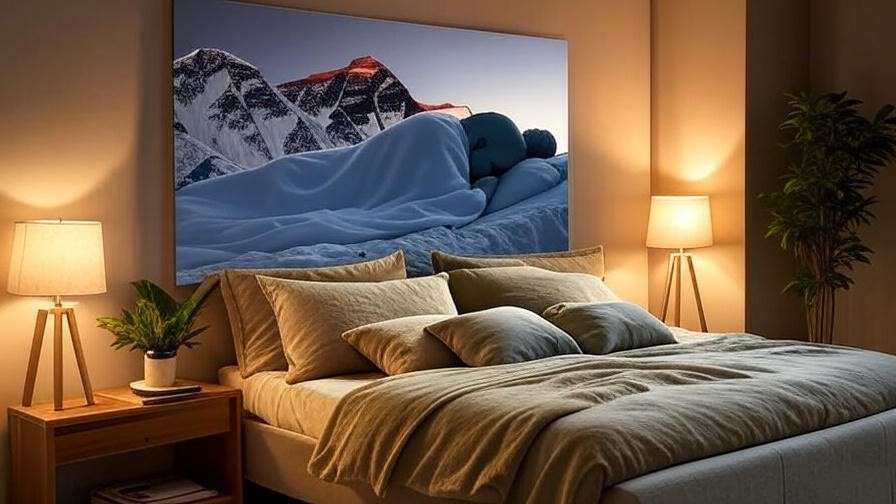 Tranquil bedroom with Sleeping Beauty Everest Face Photo print, soft lighting, and natural decor for better sleep.