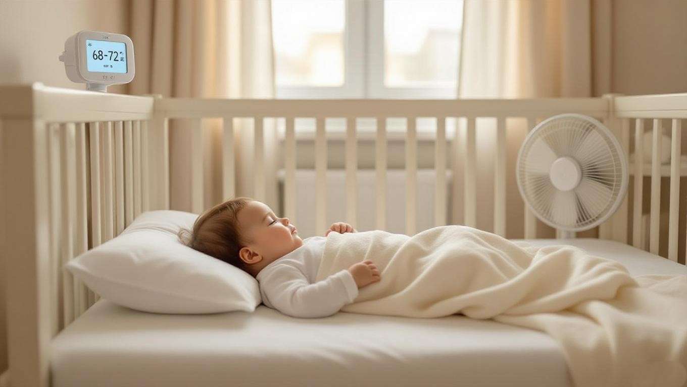 Safe nursery with baby sleeping on breathable bedding, room thermometer, and fan for safe sleep environment