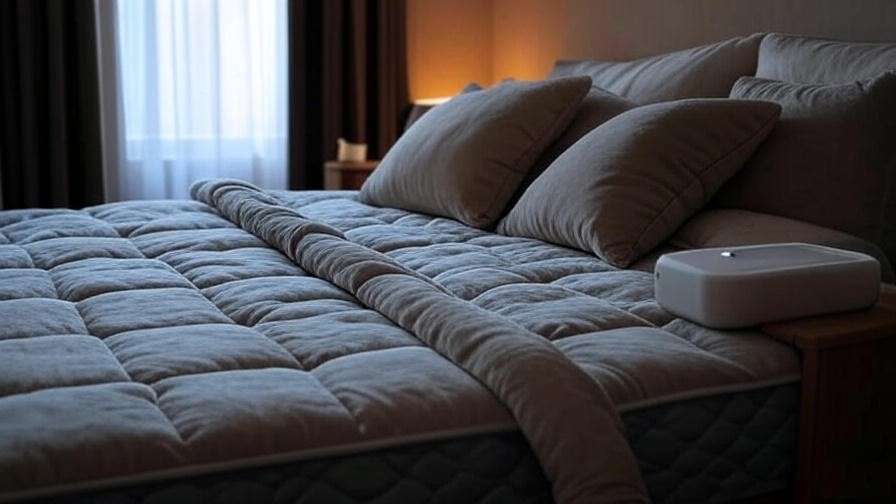 Cozy bedroom with blackout curtains and white noise machine for Baileys Deep Sleep Therapy setup.