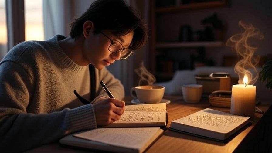 Person writing a morning intention in a journal with tea and candle.