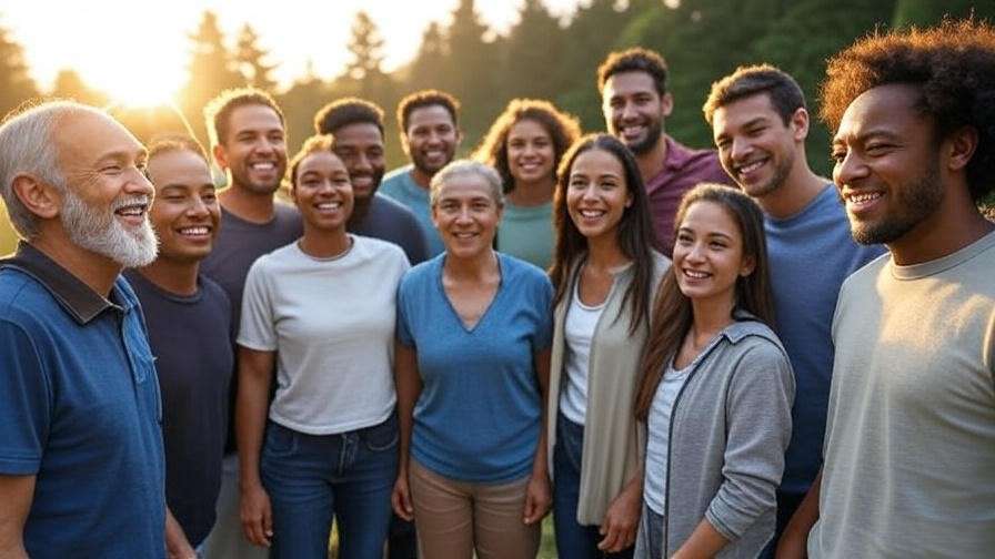 Diverse group connecting after meditation with a sunrise backdrop.
