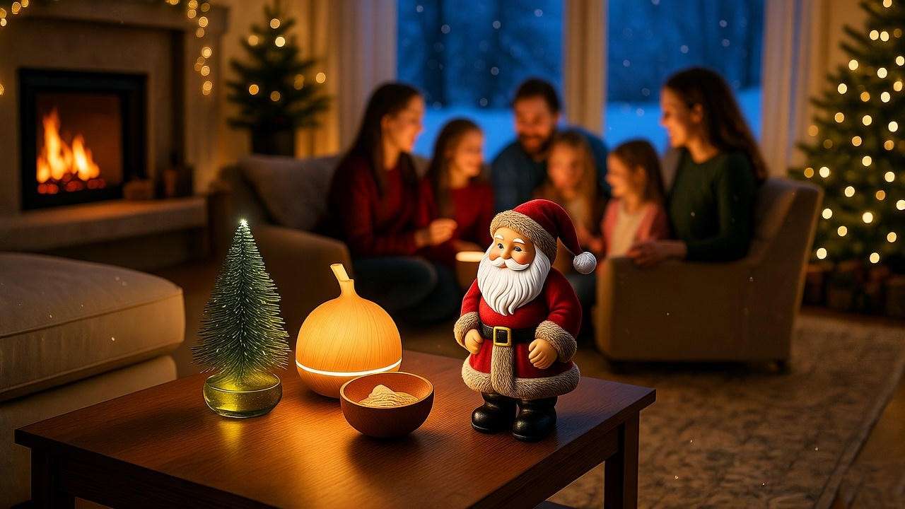 Holistic holiday scene with Possible Dreams Clothtique Santa, diffuser, and family circle for festive well-being.