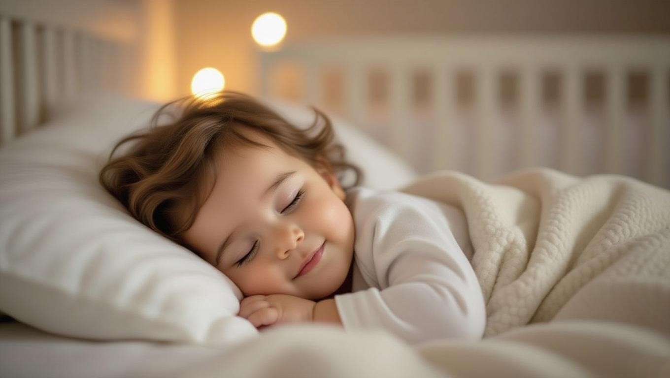 Close-up of infant smiling in sleep on a white pillow in a peaceful nursery