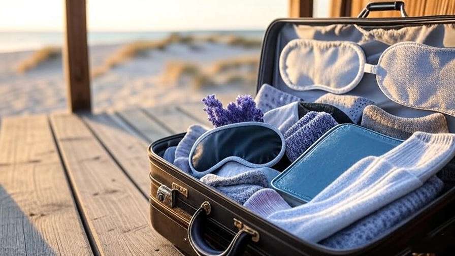 Suitcase with sleep items on a Sleeping Bear Dunes cabin porch, ready for a wellness retreat.