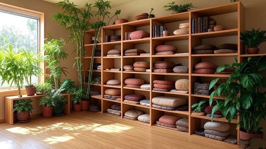 Tidy meditation room with wooden storage shelves and meditation props.