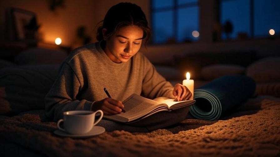 Cozy evening scene with journaling and yoga mat for a sleep-friendly routine