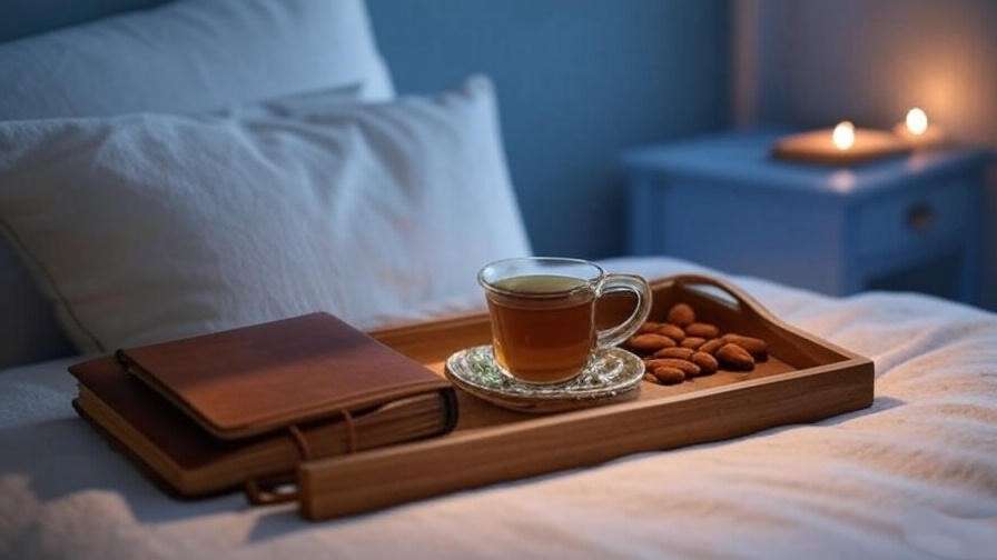Holistic sleep setup with herbal tea, almonds, and journal on nightstand, calming bedroom.