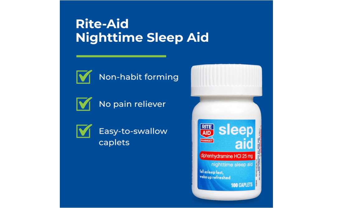 Rite Aid Nighttime Sleep Aid Diphenhydramine HCI 25 mg, 100 Mini Caplets.