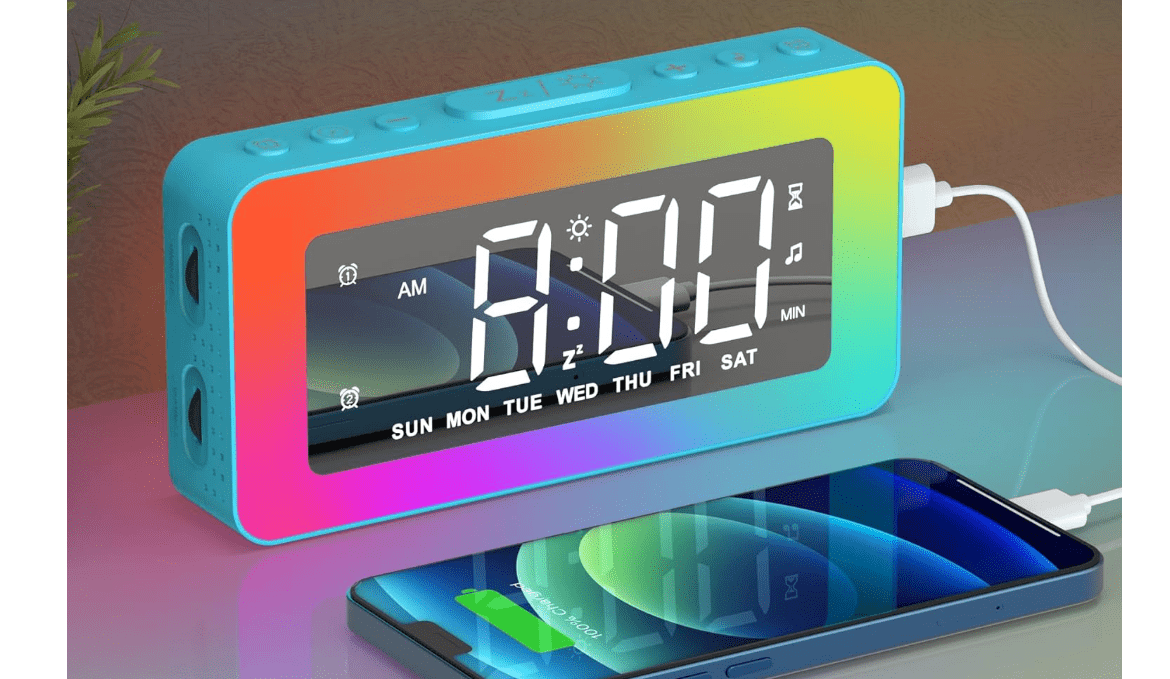 AFEXOA RGB Night Light Alarm Clock for Kids, Teenagers, Adults, Mirrored Clock with Dual Alarms, Snooze, LED Display, USB Charger, Small Dimmable Alarms for...
