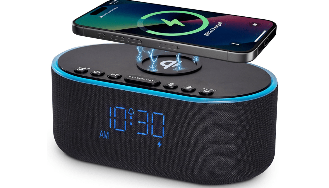 Odokee Wireless Charging Alarm Clock Radio: Qi Certified Fast Wireless Charger for iPhone Samsung - 10W Stereo Bluetooth Speaker - Dimmable Digital Clock...