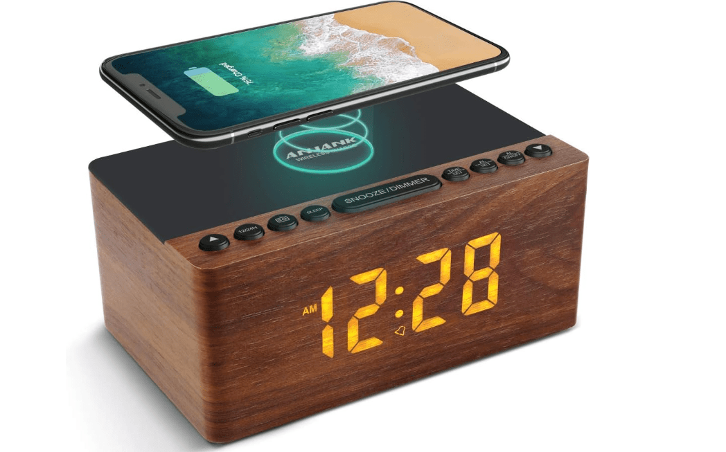 ANJANK Digital LED Alarm Clock FM Radio, Fast Wireless Charger Station for iPhone/Samsung Galaxy, 5 Level Dimmer, USB Charging Port, 2 Sounds, Sleep Timer...
