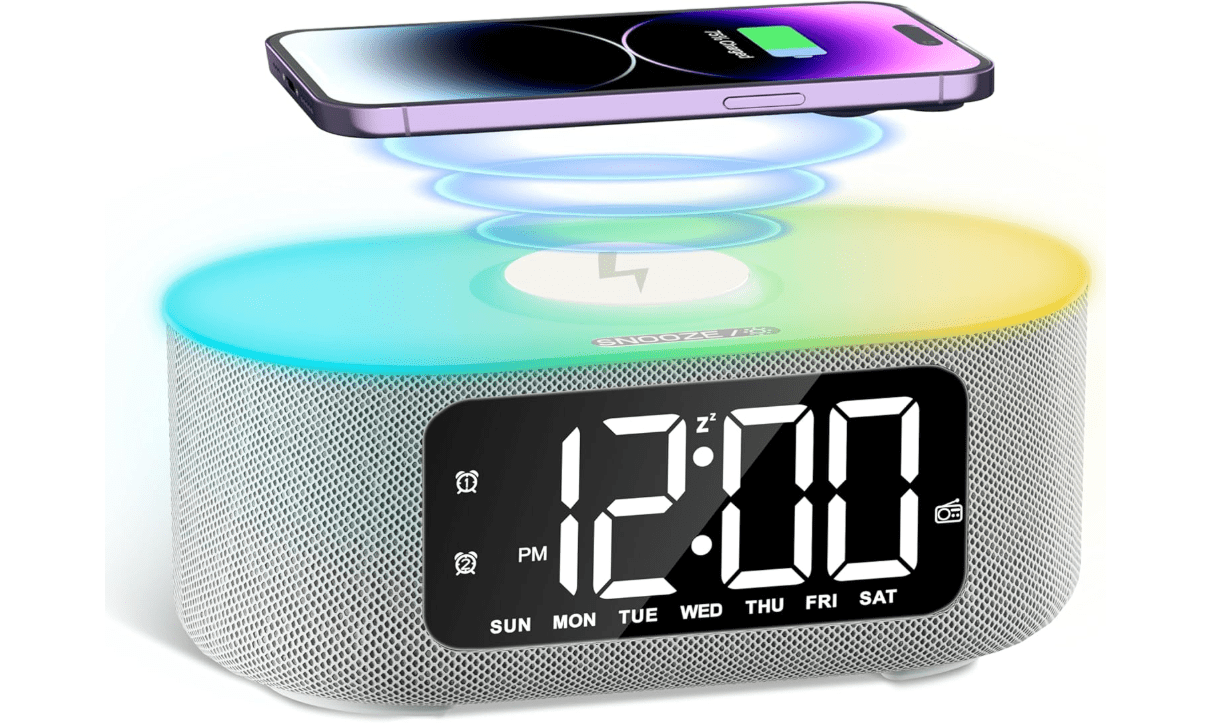 JALL Fabric Alarm Clock for Bedroom, with Big Led Screen Display, Bluetooth Stereo Sound Speaker, FM Radio, Fast Wireless Charging, USB Charging Port,...
