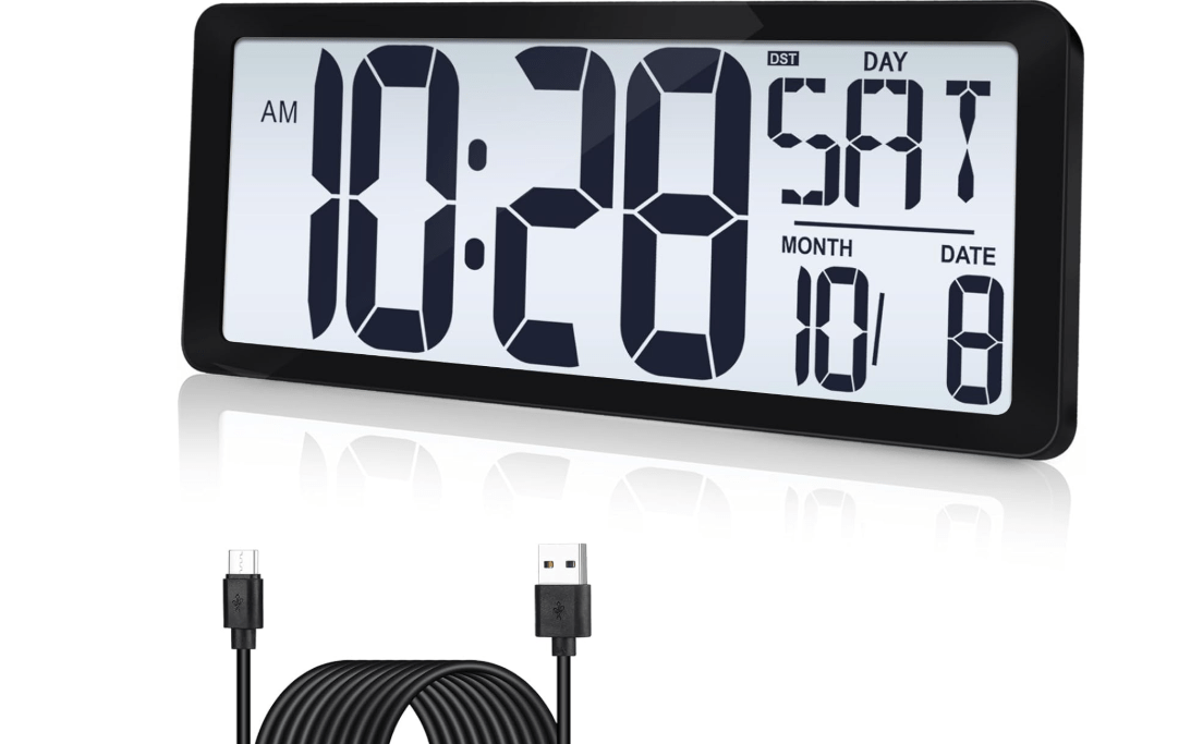 15 Inch Large Rechargeable Digital LCD Wall Clock with Backlight Glow in the Dark,Night Light Wall Clock with Week,Date & Temperature,DST,Alarm Display...
