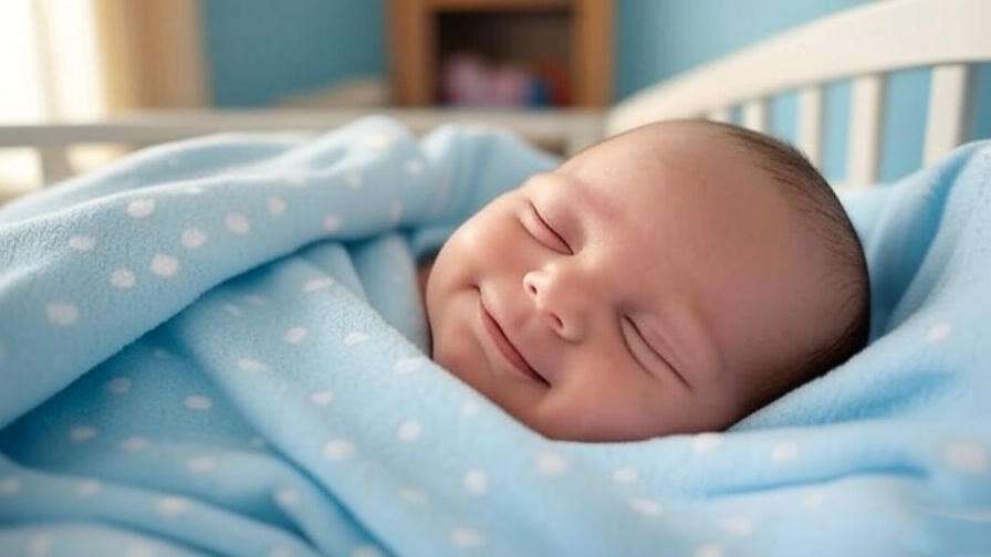 A newborn sleeping peacefully with a soft smile in a cozy crib, representing healthy sleep giggles.